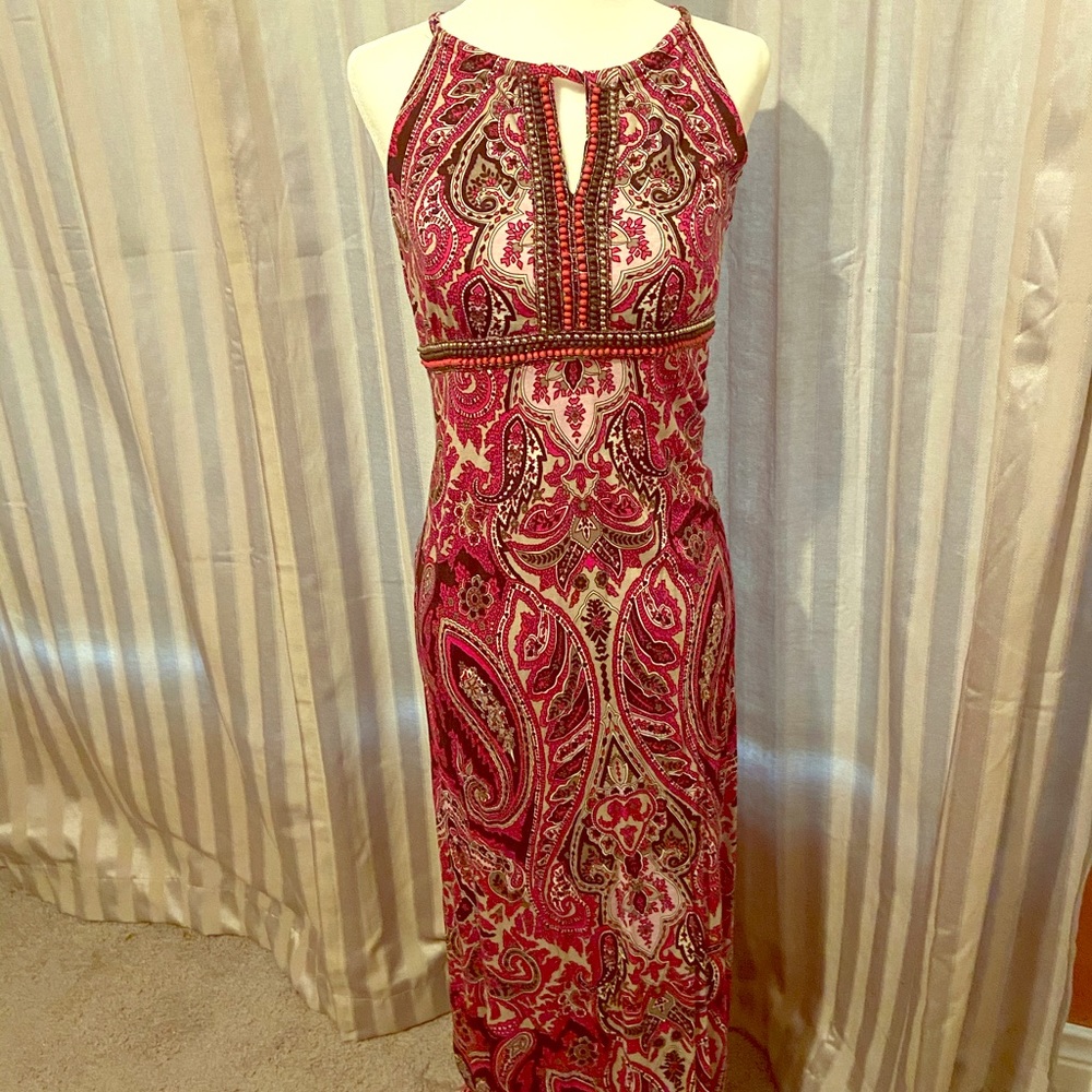 Maxi dress with pink, silver and brown beads.
